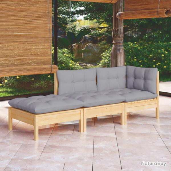 Salon de 3 pcs avec coussins gris Bois de pin massif