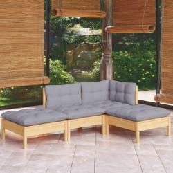 Salon de 4 pcs avec coussins gris Bois de pin massif