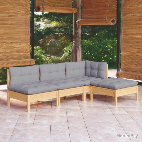 Salon de 4 pcs avec coussins gris Bois de pin