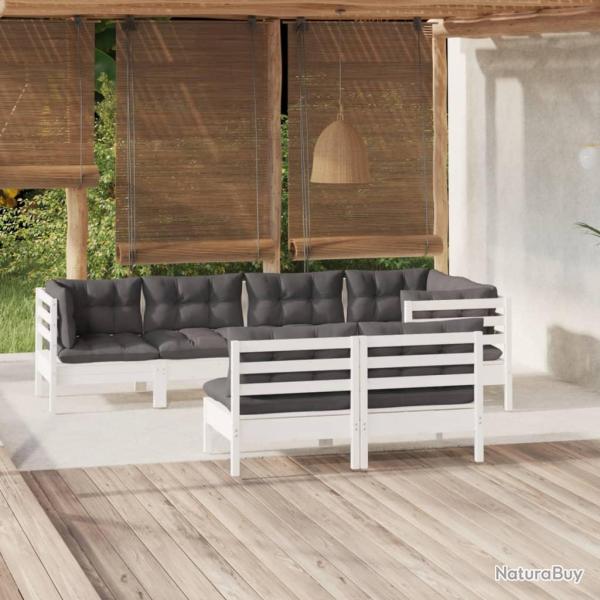 Salon de 7 pcs avec coussins Blanc Bois de pin massif