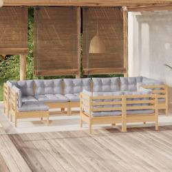 Salon de 9 pcs avec coussins gris Bois de pin massif