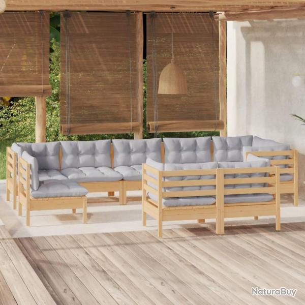 Salon de 9 pcs avec coussins gris Bois de pin massif