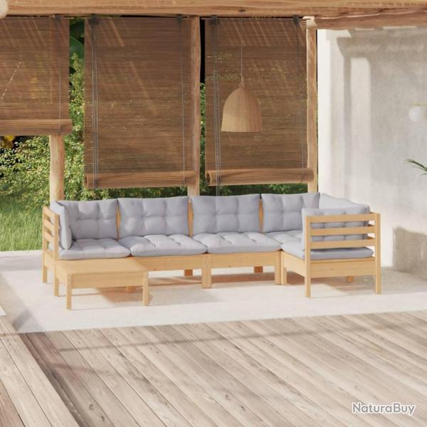 Salon de 6 pcs avec coussins gris Bois de pin massif