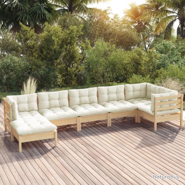 Salon de 7 pcs avec coussins cr�me bois de pin massif