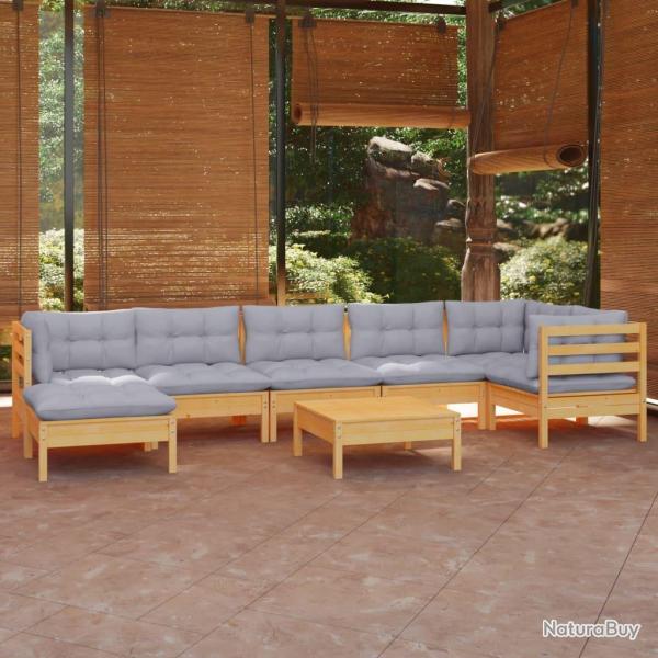 Salon de 8 pcs avec coussins gris Bois de pin massif