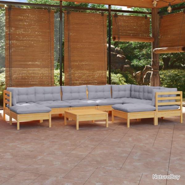 Salon de 10 pcs avec coussins gris bois de pin massif