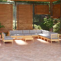 Salon de 12 pcs avec coussins gris Bois de pin massif
