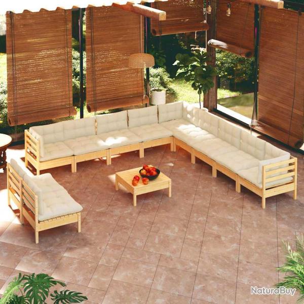 Salon de 12 pi�ces avec coussins cr�me, en bois de pin massif