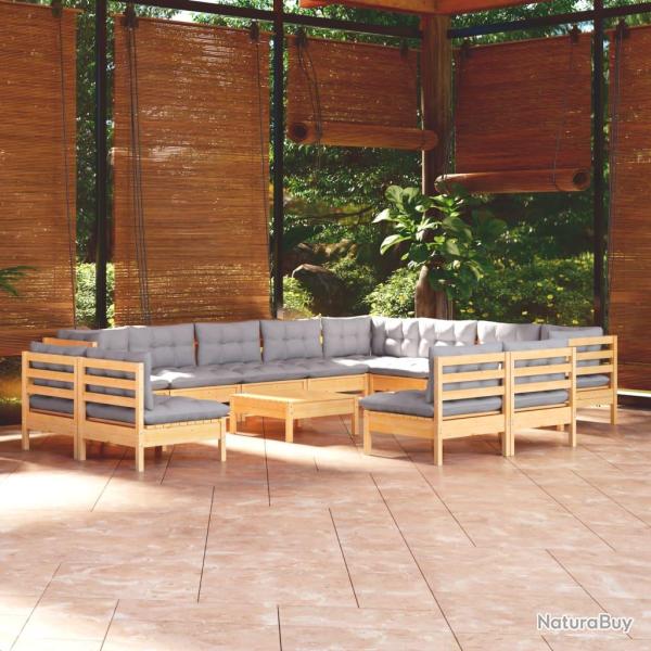 Salon de 13 pcs avec coussins gris Bois de pin solide