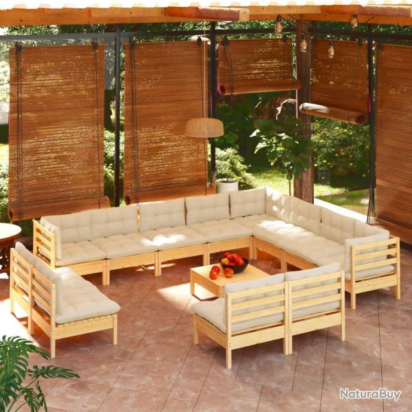 Salon de 13 pcs avec coussins cr�me Bois de pin solide