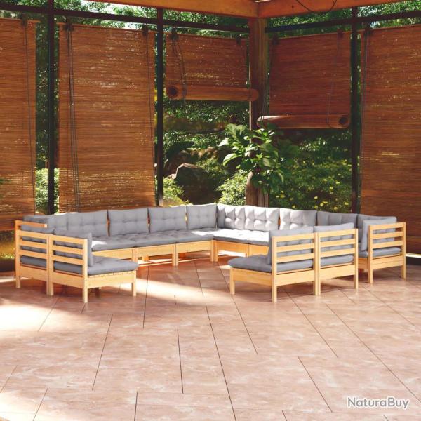 Salon de 13 pcs avec coussins gris bois de pin massif