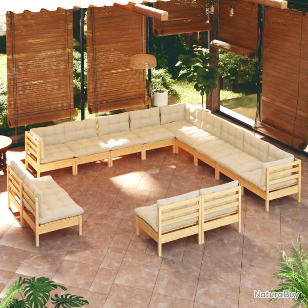 Salon de 13 pcs avec coussins cr�me Bois de pin massif