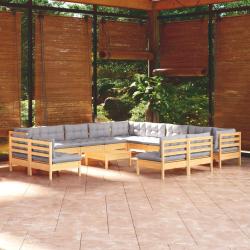 Salon de 14 pcs avec coussins gris Bois de pin solide
