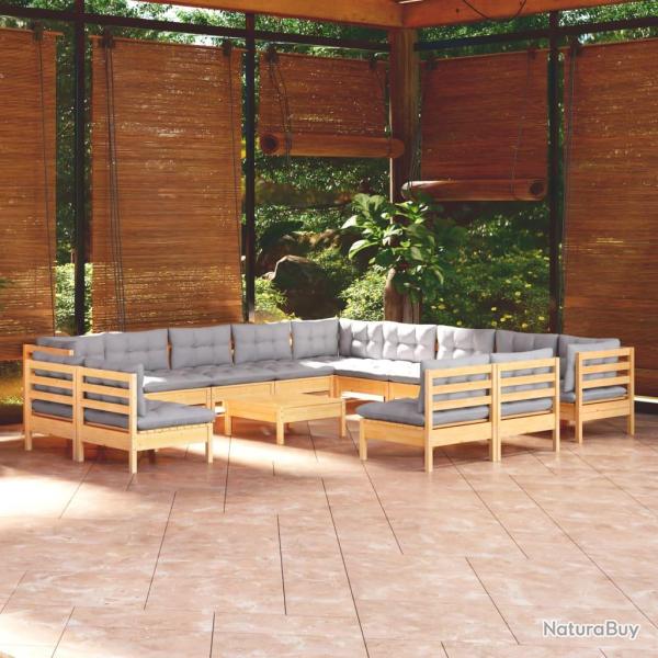 Salon de 14 pcs avec coussins gris Bois de pin solide