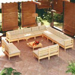 Salon de 14 pcs avec coussins cr&egrave;me Bois de pin solide