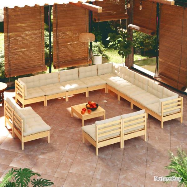 Salon de 14 pcs avec coussins cr�me Bois de pin solide