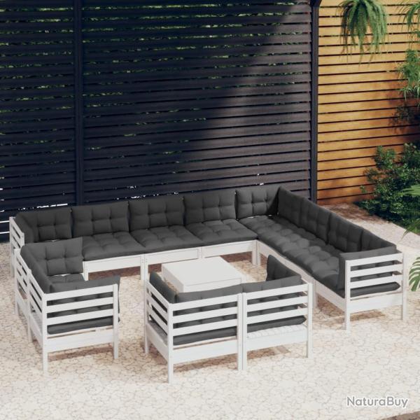 Salon de 13 pcs avec coussins blanc bois de pin solide