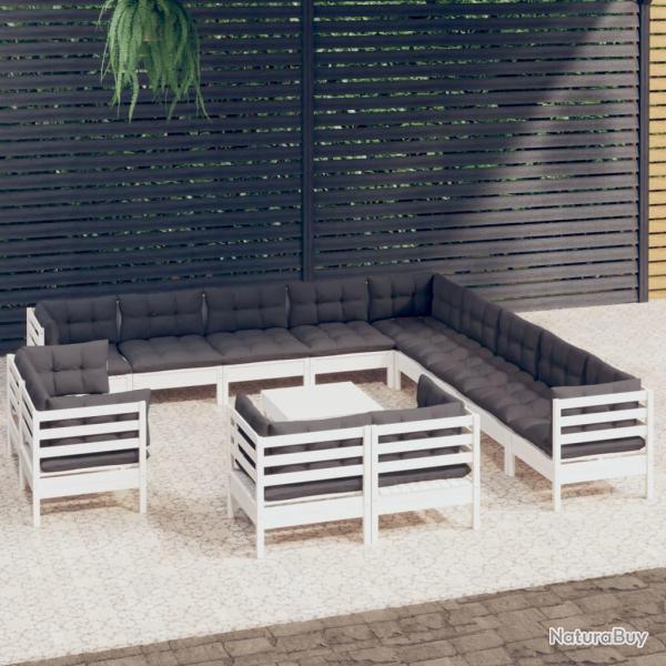 Salon de 14 pcs avec coussins blanc bois de pin solide