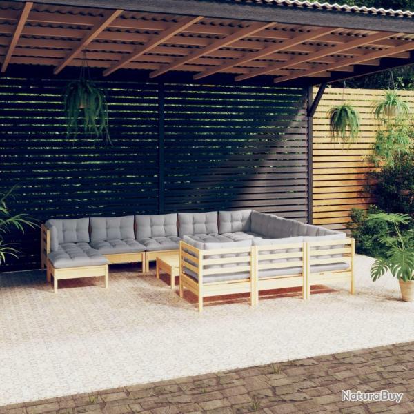 Salon de 12 pcs avec coussins gris Bois de pin