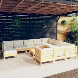 Salon de 12 pcs avec coussins cr&egrave;me Bois de pin