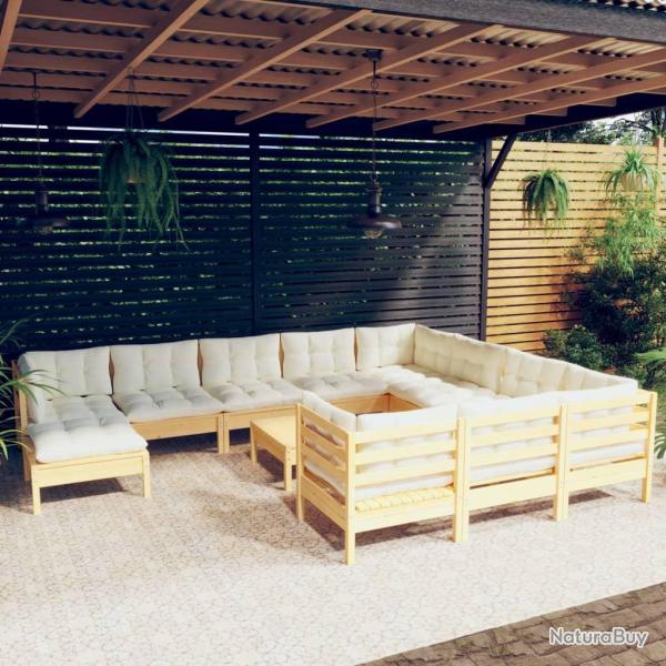 Salon de 12 pcs avec coussins cr�me Bois de pin