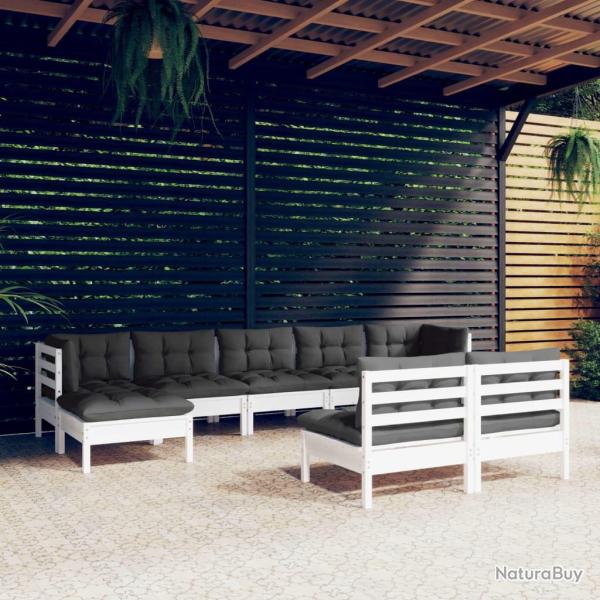 Salon de 9 pcs avec coussins blanc bois de pin