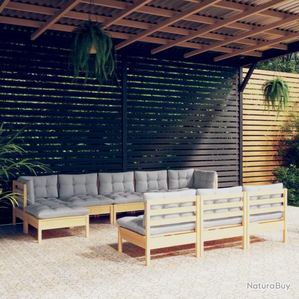 Salon de 10 pcs avec coussins gris Bois de pin