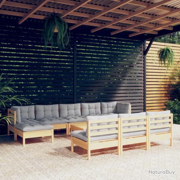 Salon de 11 pcs avec coussins gris bois de pin