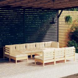 Salon de 11 pcs avec coussins cr&egrave;me bois de pin