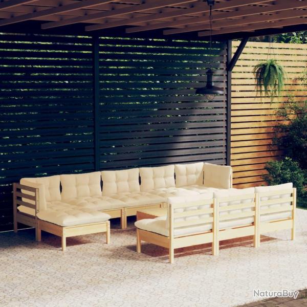Salon de 11 pcs avec coussins cr�me bois de pin