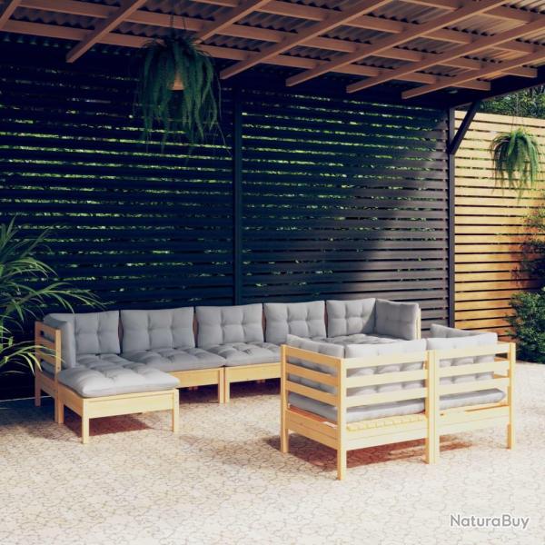 Salon de 9 pcs avec coussins gris bois de pin massif