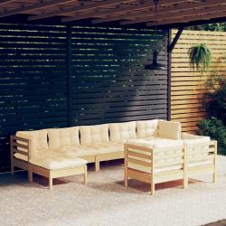 Salon de 9 pcs avec coussins cr&egrave;me bois de pin massif