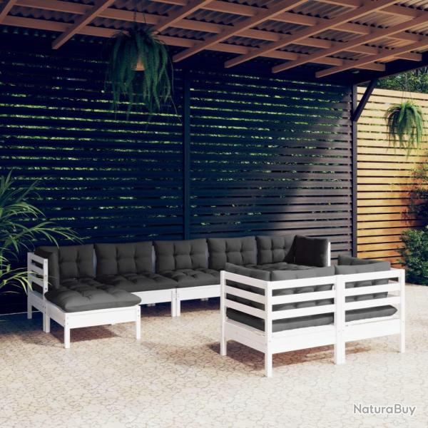 Salon de 9 pcs avec coussins blanc bois de pin massif