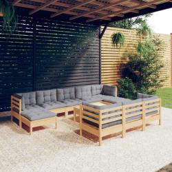 Salon de 11 pcs avec coussins gris Bois de pin solide