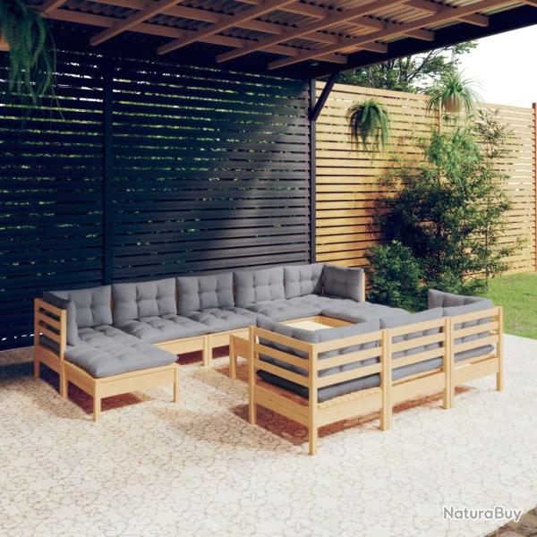 Salon de 11 pcs avec coussins gris Bois de pin solide