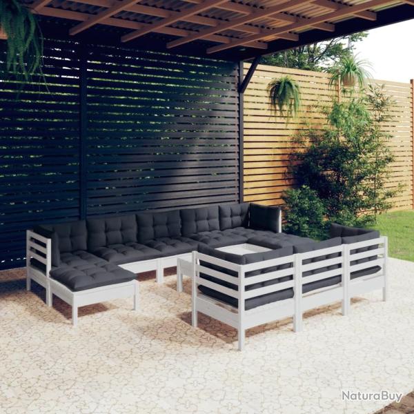 Salon de 11 pcs avec coussins blanc bois de pin solide
