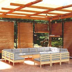 Salon 14 pi&egrave;ces avec coussins en bois de pin gris solide
