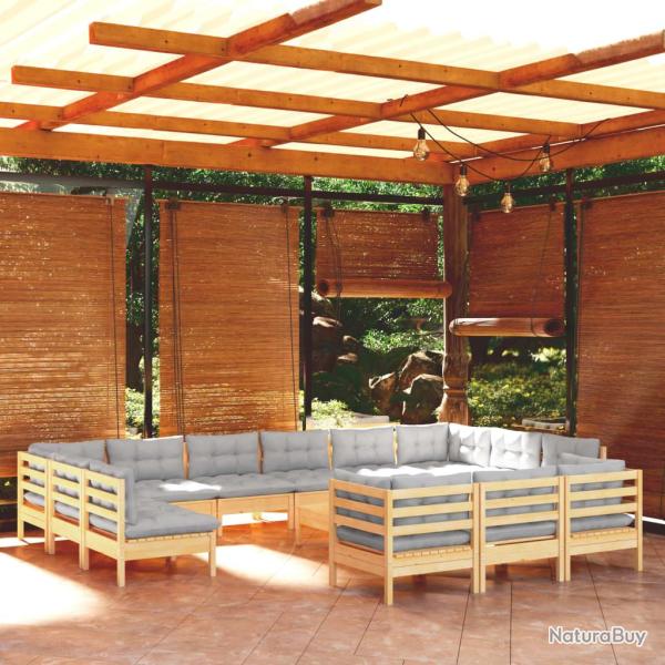 Salon de 14 pcs avec coussins gris Bois de pin