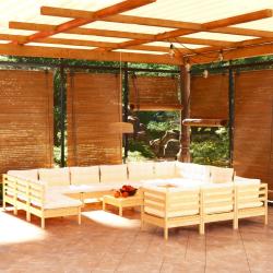 Salon de 14 pcs avec coussins cr&egrave;me Bois de pin