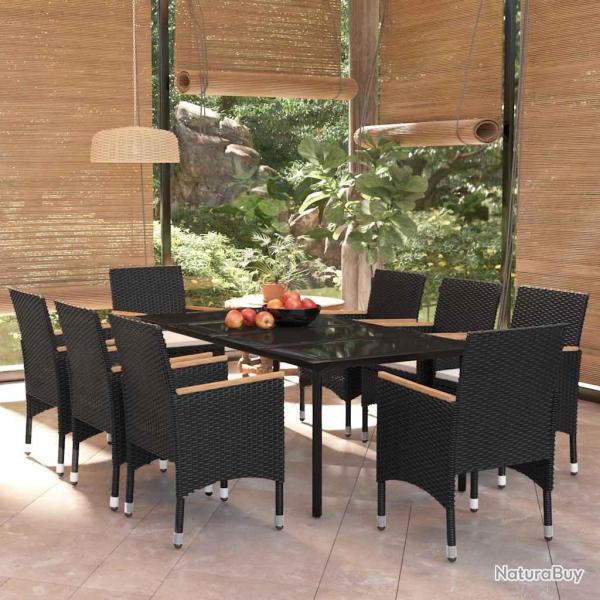 Ensemble � manger avec coussins, 9 pi�ces, noir, pour la terrasse