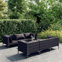 Salon de 7 pcs avec coussins R&eacute;sine tress&eacute;e Gris fonc&eacute;