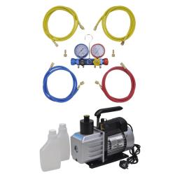 Pompe &agrave; vide 50 L/min avec manom&egrave;tre &agrave; 4 voies en kit d'outils