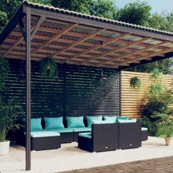 Salon de 9 pi&egrave;ces avec coussins noirs en r&eacute;sine tress&eacute;e pour le jardin