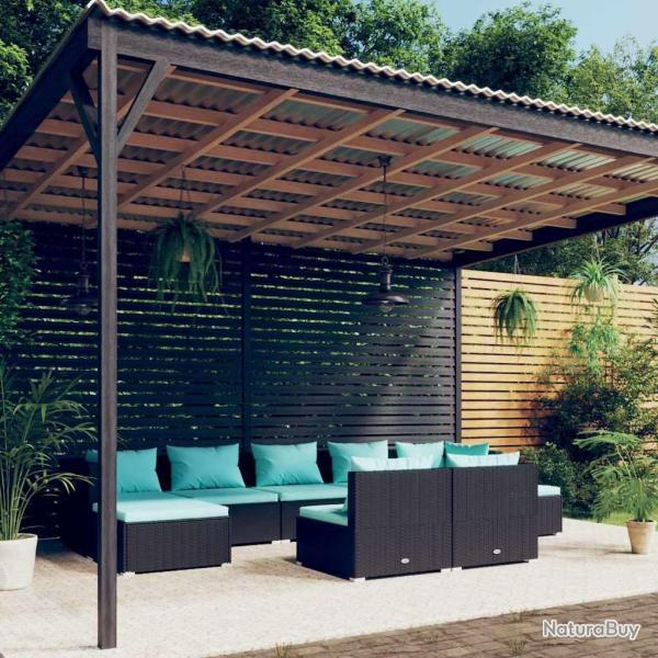 Salon de 9 pi�ces avec coussins noirs en r�sine tress�e pour le jardin