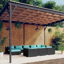 Salon de 10 pi&egrave;ces avec coussins, r&eacute;sine tress&eacute;e, noir, pour le jardin