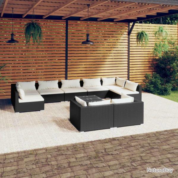 Salon de 10 pcs avec coussins Noir R�sine tress�e