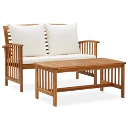 Salon 2 pi&egrave;ces avec coussins, en bois d'acacia solide