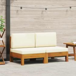 Canap&eacute;s centraux 2 pcs avec coussins blanc cr&egrave;me Acacia solide