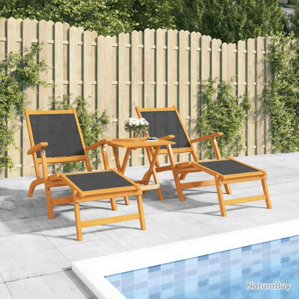 Chaises longues d'ext�rieur lot de 2 Acacia massif et textil�ne