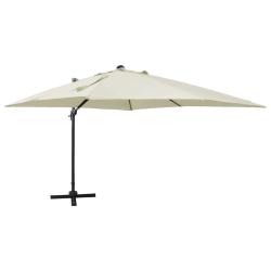 Parasol de en porte-&agrave;-faux et m&acirc;t et lumi&egrave;res LED sable